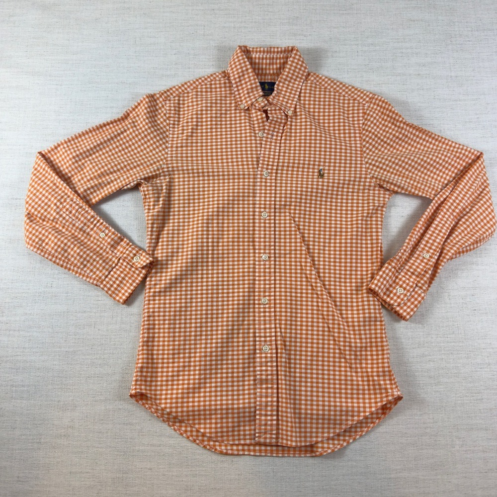 Polo Ralph Lauren Slim Fit Stretch Oxford Gingham Shirt Orange White Mens Small
